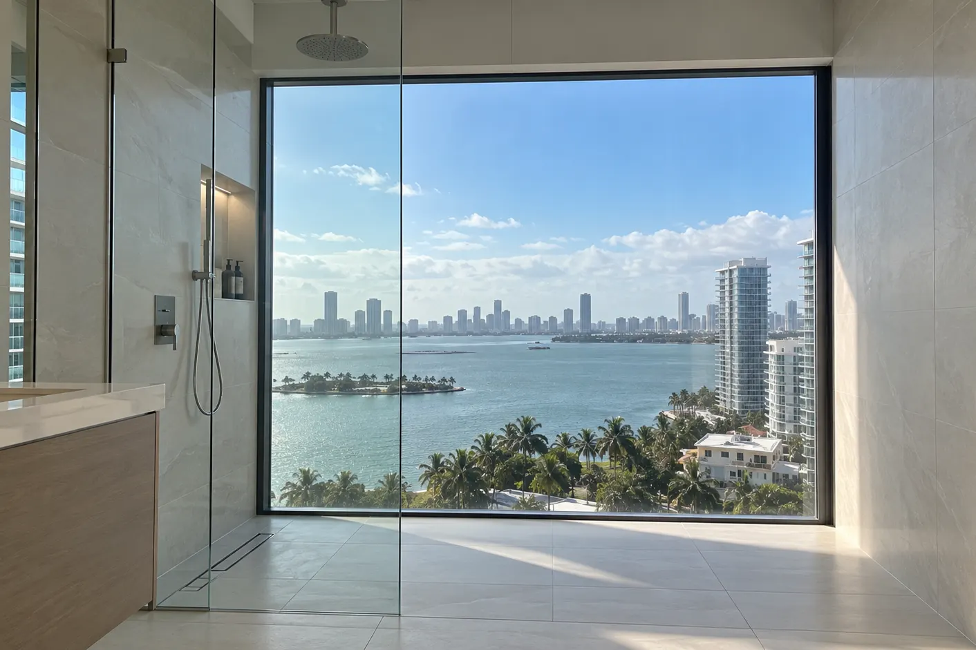 Remodeled condo bathroom with a curbless shower and bay view