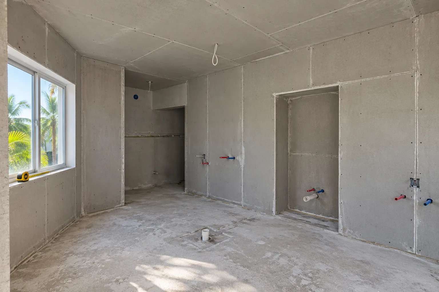 Gutted bathroom being measured for a remodel estimate