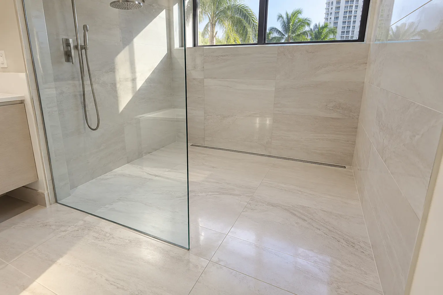 Curbless walk-in shower with linear drain and glass panel