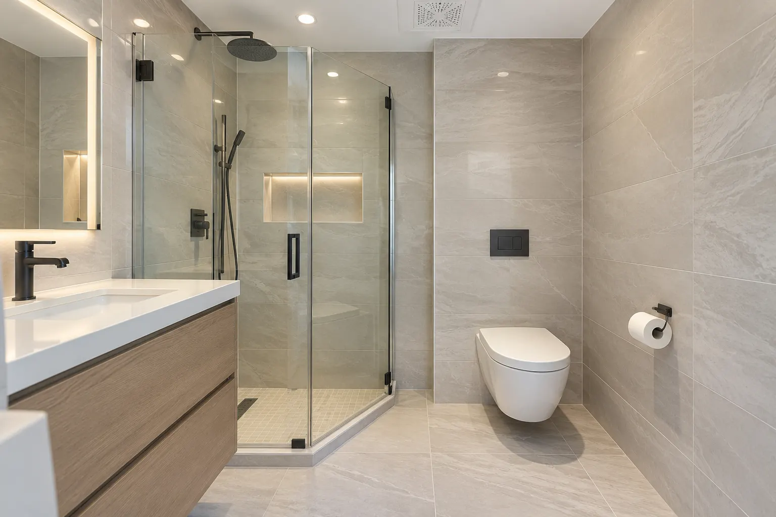 Small remodeled bathroom with a glass shower and floating vanity