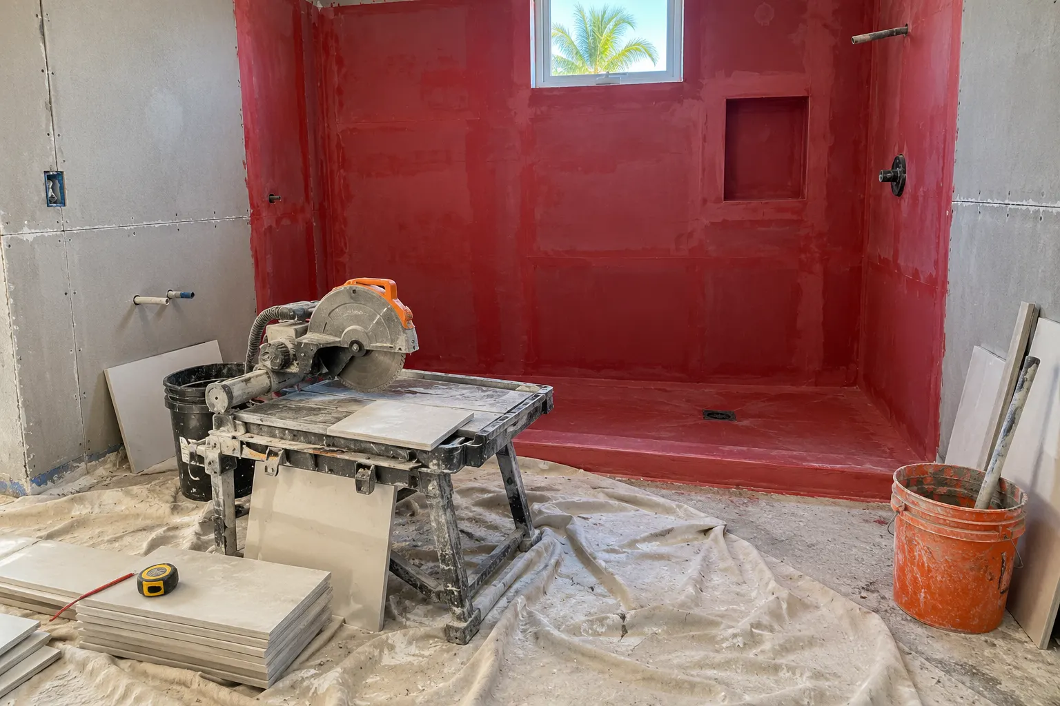 Bathroom mid-remodel with waterproofing on the shower walls