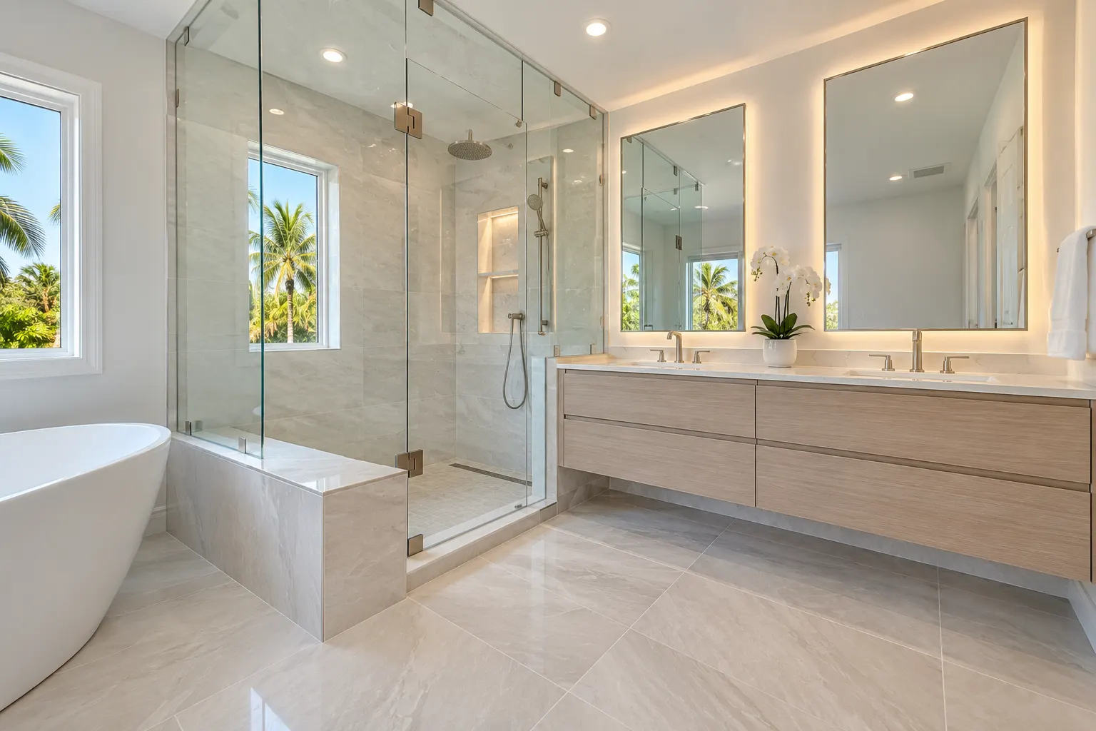 Remodeled primary bathroom with walk-in shower and double vanity