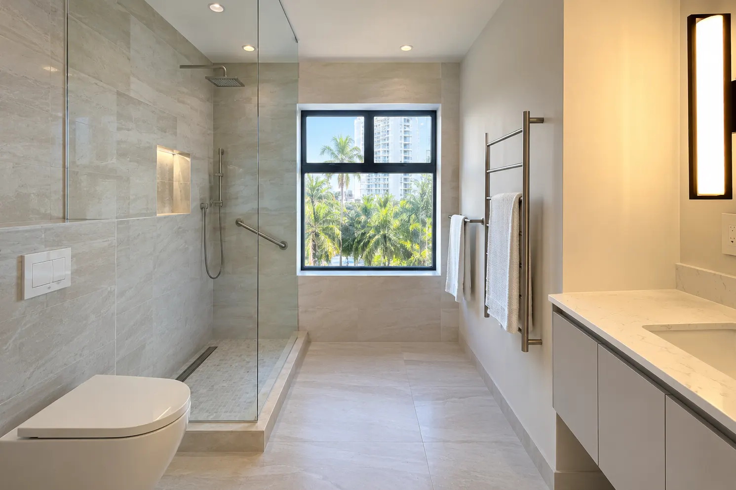 Aventura condo bathroom with a new low-curb shower