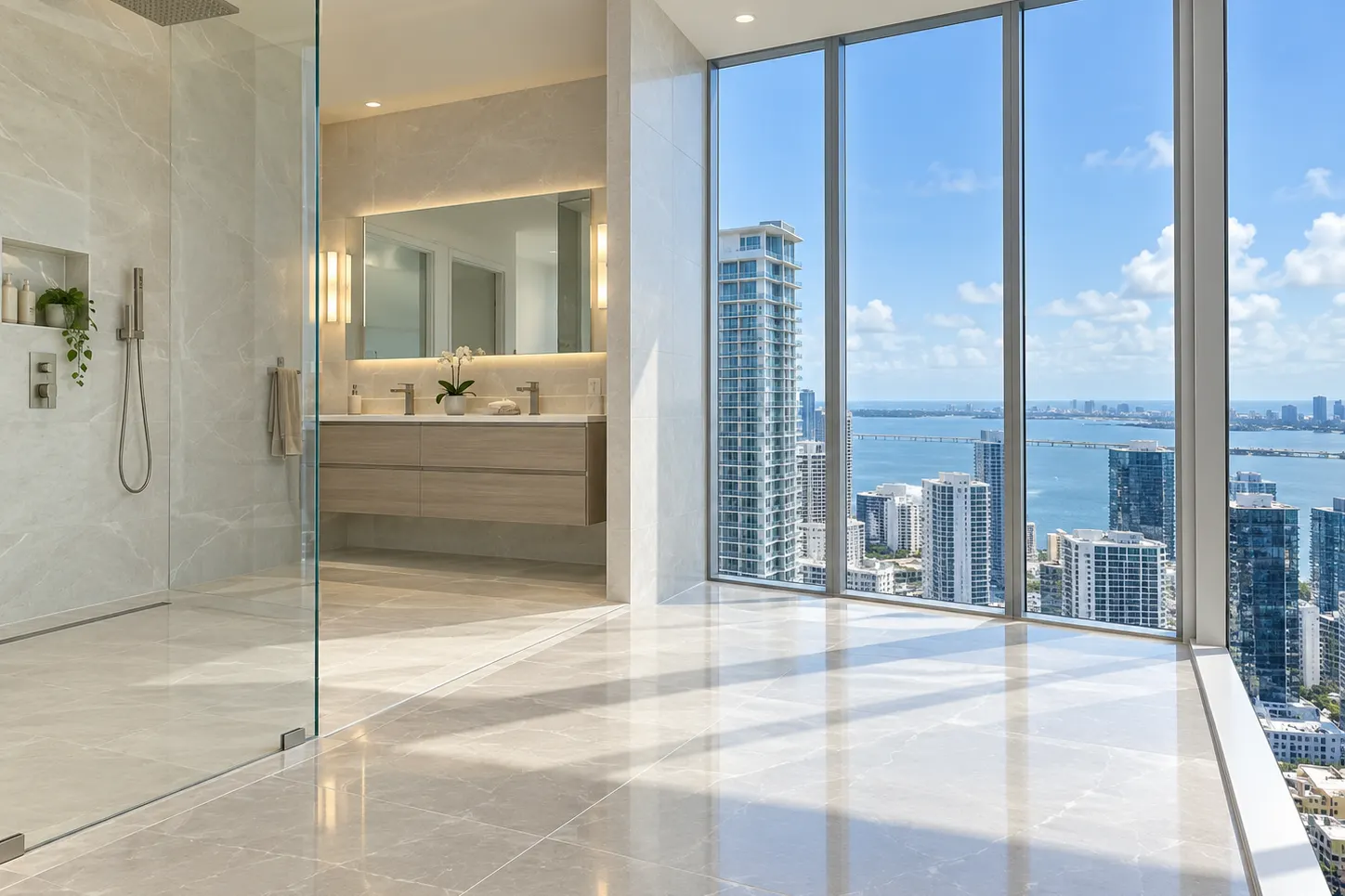 Remodeled Brickell condo bathroom with a city view