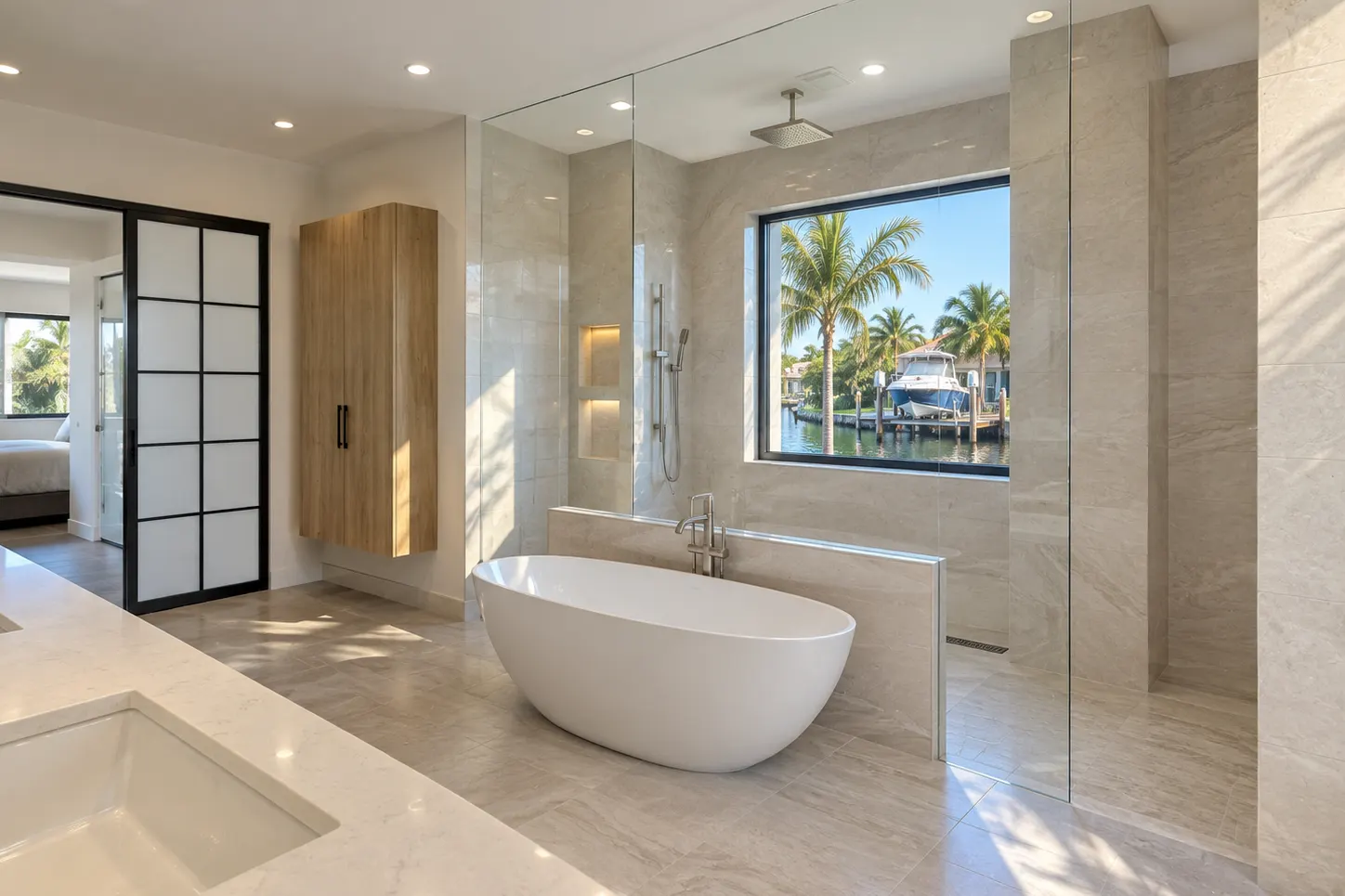 Remodeled Fort Lauderdale bathroom with a canal view