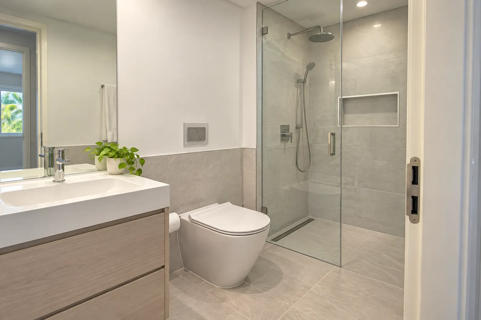 Kendall hall bathroom with a new walk-in shower