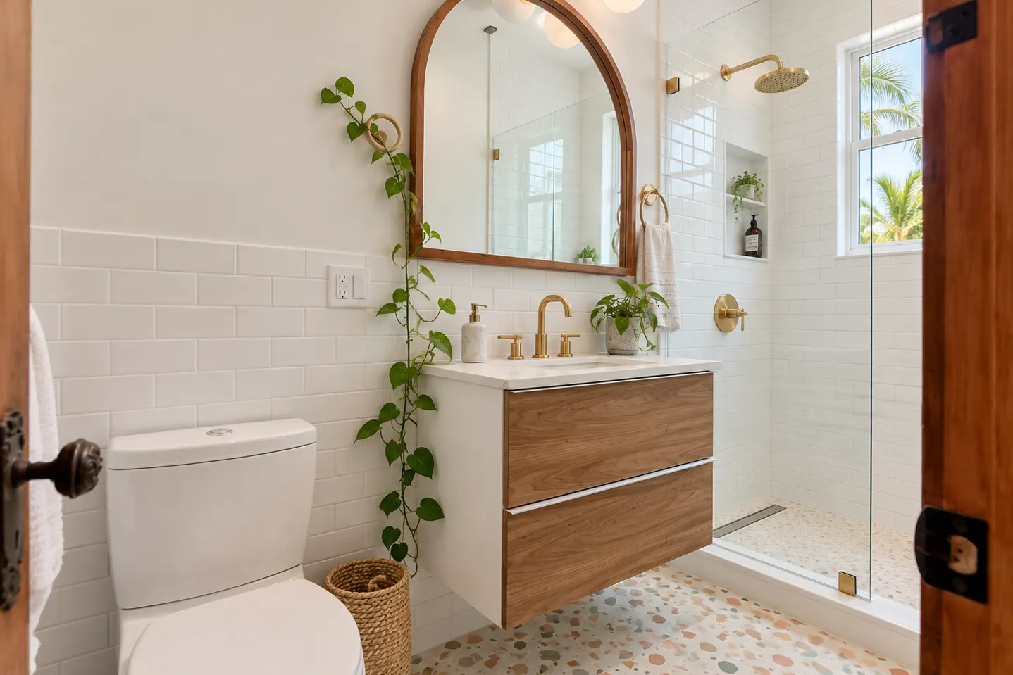 Small remodeled bathroom in a Miami Beach Art Deco apartment
